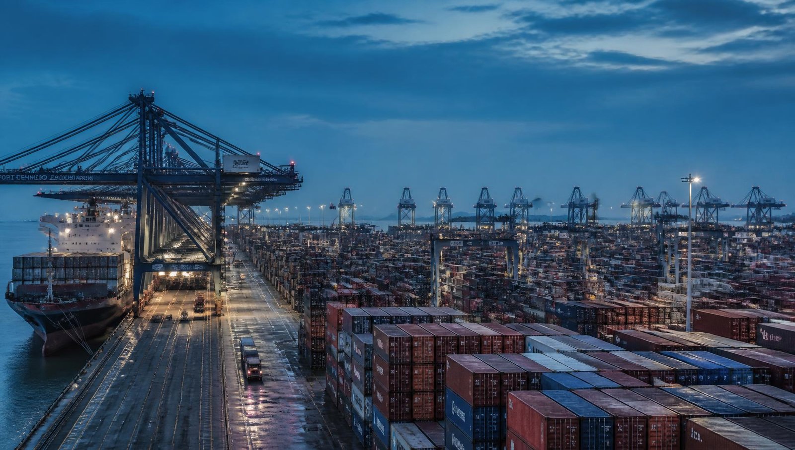 Container terminal at blue hour with gantry cranes and stacked shipping containers